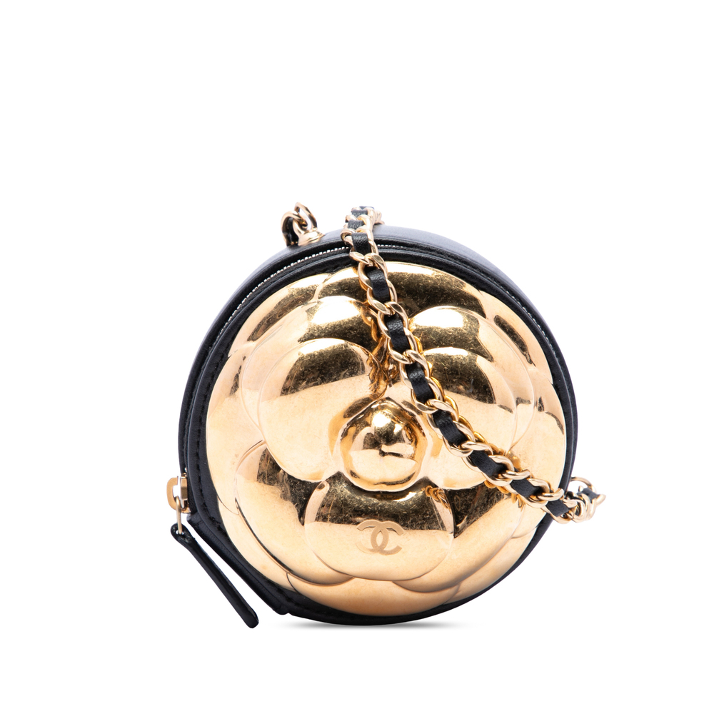 Pre-Loved Chanel CC Lambskin and Metal Camellia Round Clutch with Chain